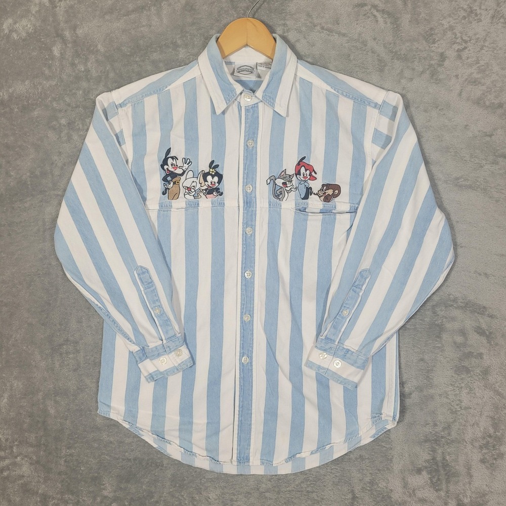 Vintage Animaniacs Shirt Mens Small Blue White Striped Button Up Cartoon 90s